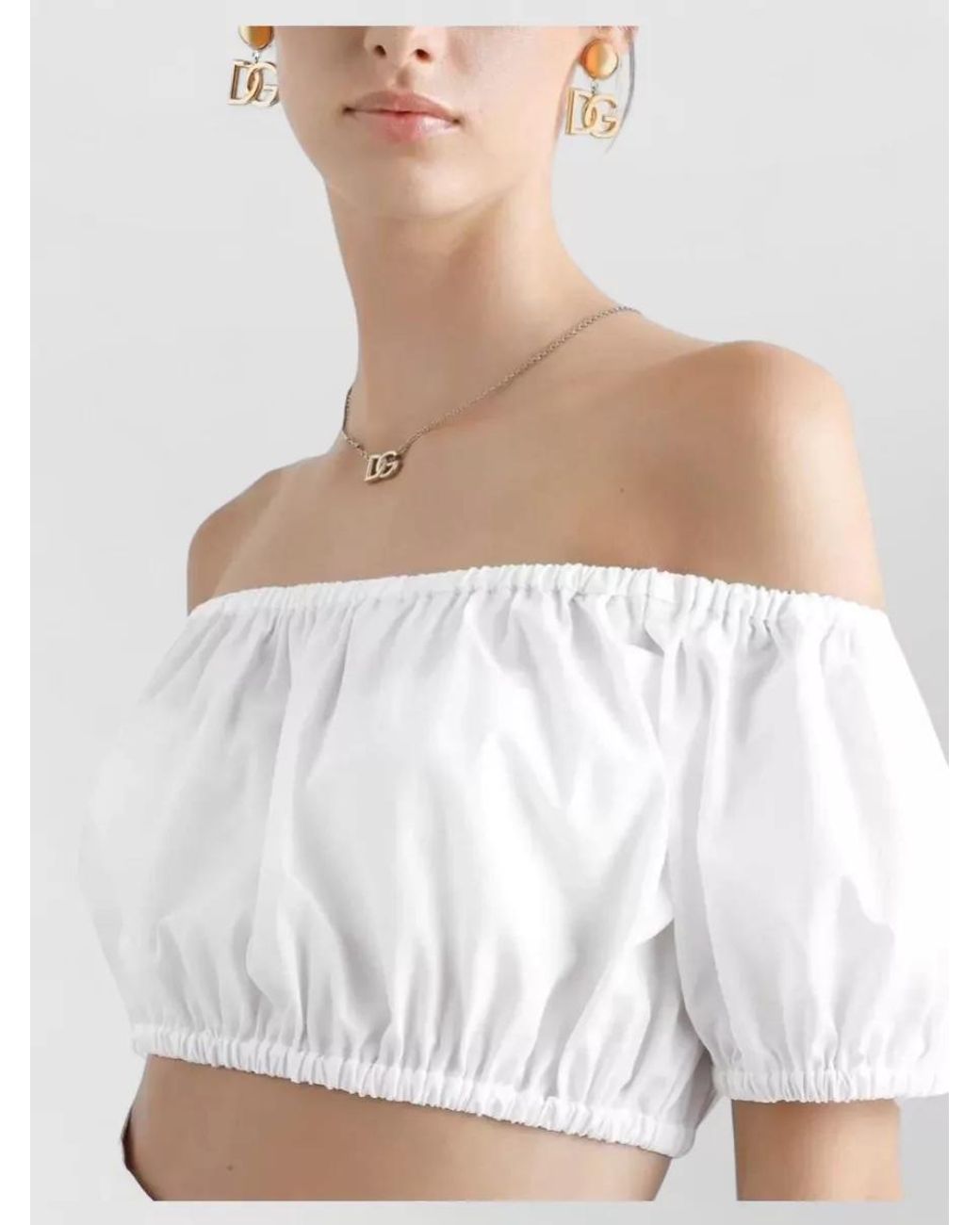 Dolce & Gabbana White Cotton Ruched Off-The-Shoulder Cropped Top