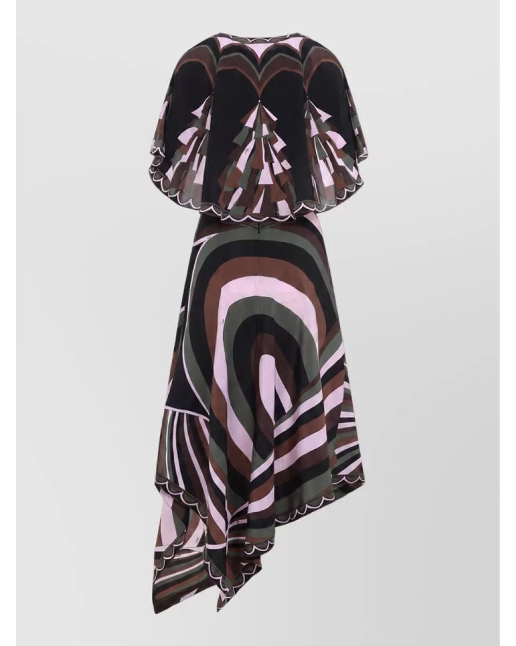 Emilio Pucci White Silk Printed V-Neck Flutter-Sleeve Asymmetric Midi Dress