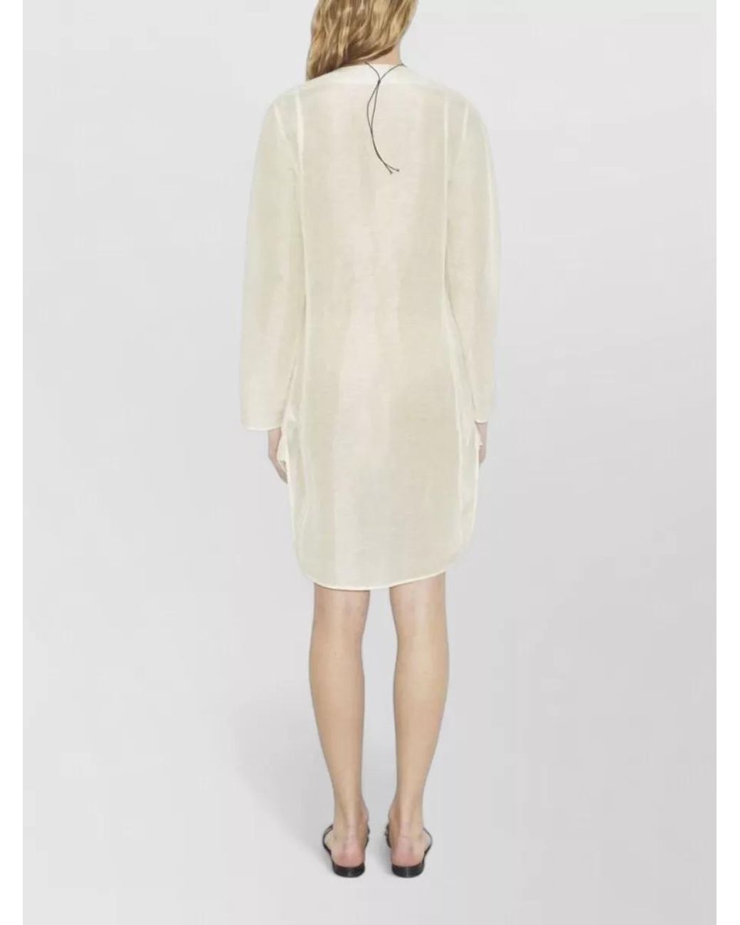 Tory Burch Natural Silk Linen Pleated Long-Sleeve Round-Neck High-Low Hem Knee-Length Dress