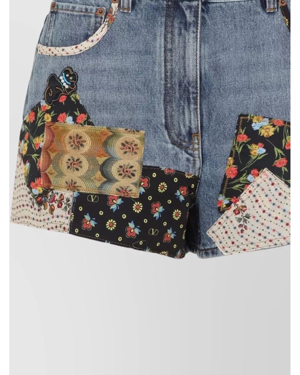 Valentino Blue Cotton High-Rise Patchwork Denim Short Shorts