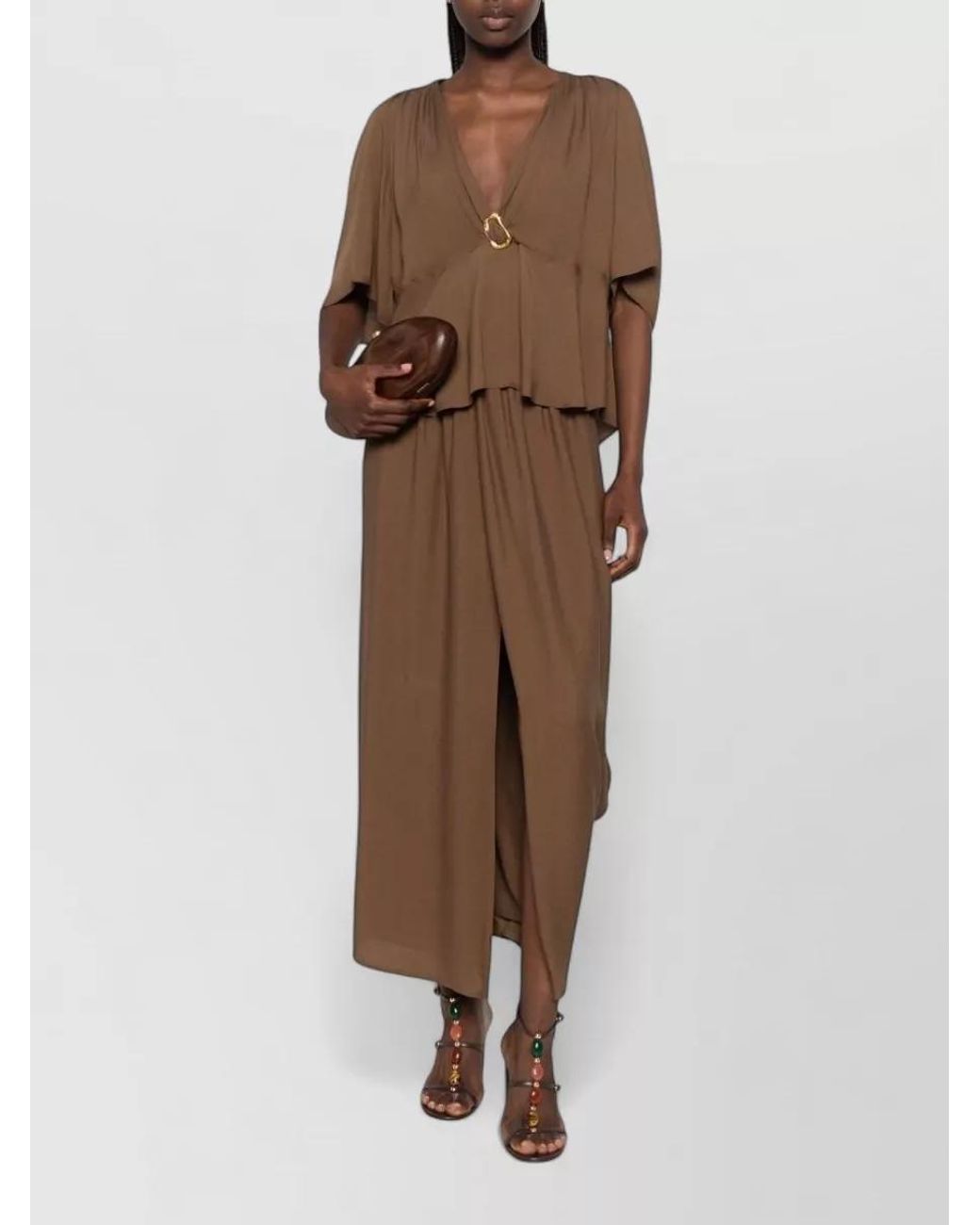 Forte_forte Brown Crepe-Texture V-Neck Cape-Sleeve Maxi Dress