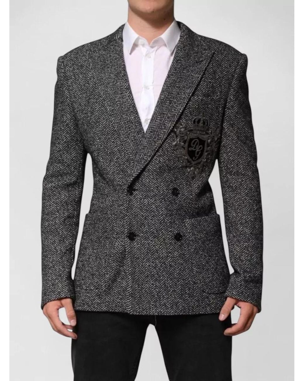 Dolce & Gabbana Gray Wool Blend Herringbone Double-Breasted Blazer for men