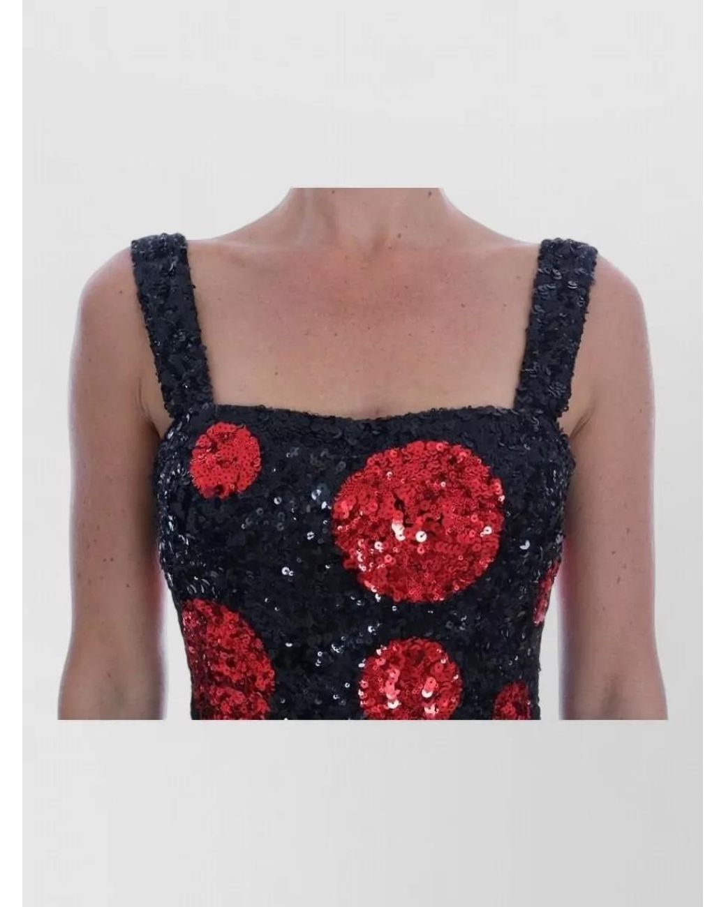 Dolce & Gabbana Red Sequin Polka-Dot Sleeveless Square-Neck Midi Dress