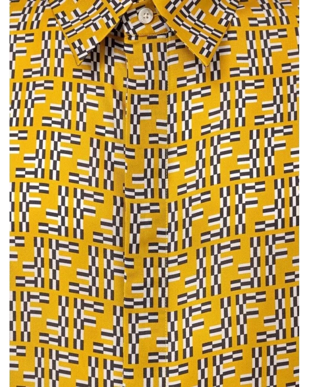 Fendi Yellow Silk Printed Short-Sleeve Shirt for men