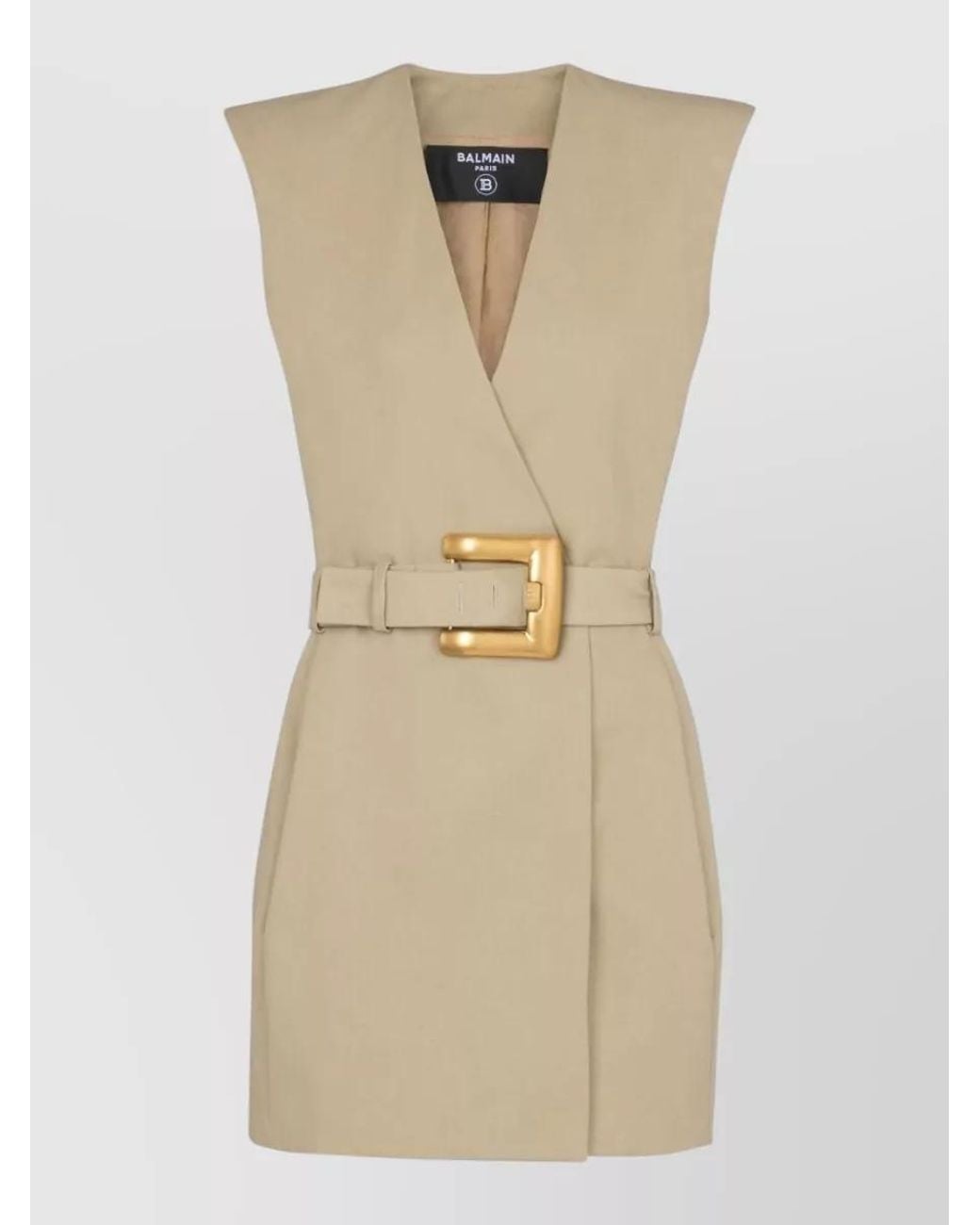 Balmain Natural Cotton V-Neck Sleeveless Belted Mini Dress