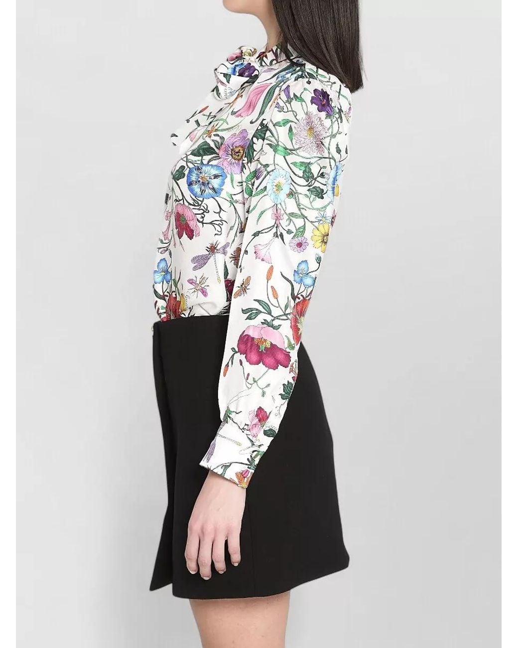 Gucci White Silk Floral-Print Long-Sleeve Blouse