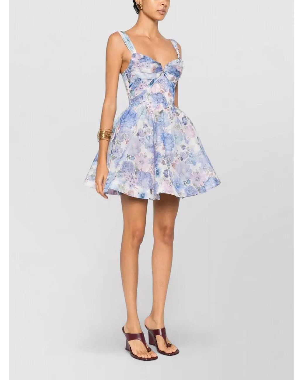 Zimmermann Blue Silk Linen Floral-Print Draped Sleeveless Mini Dress