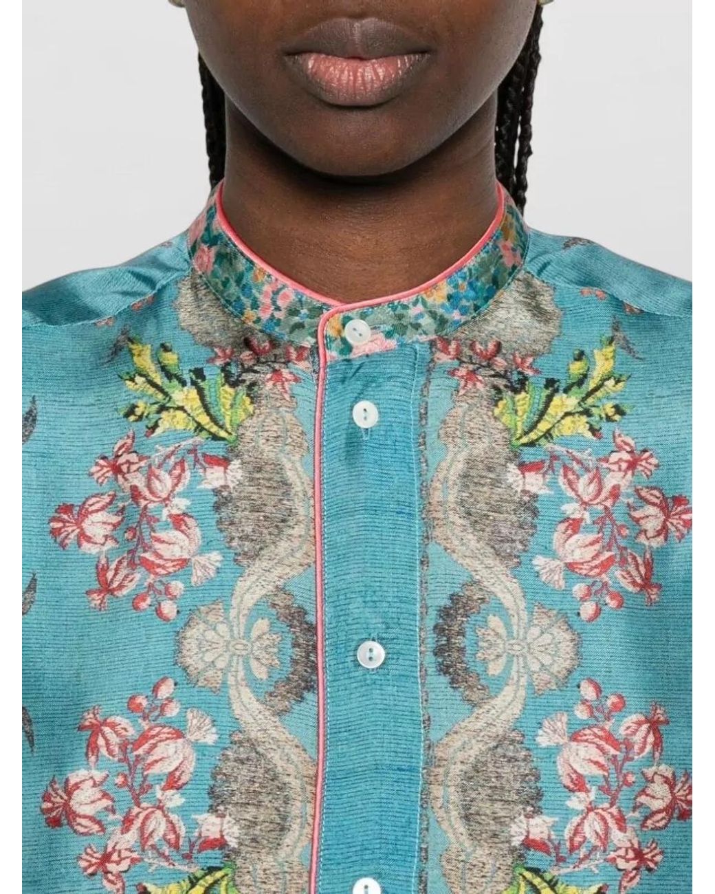 Pierre Louis Mascia Blue Silk Floral-Print Long-Sleeve Shirt