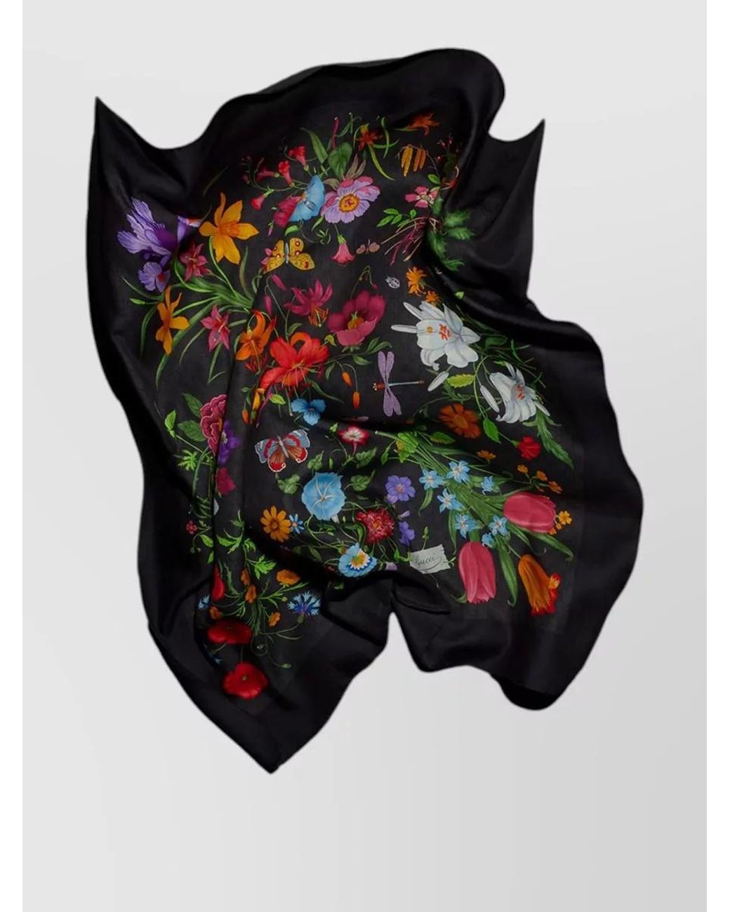 Gucci Black Silk Wool Floral Logo-Print Scarf