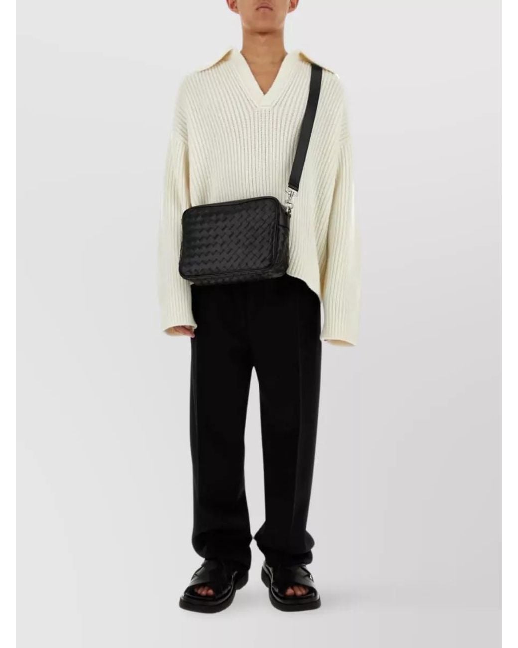 Bottega Veneta Black Leather Intrecciato Crossbody Bag for men