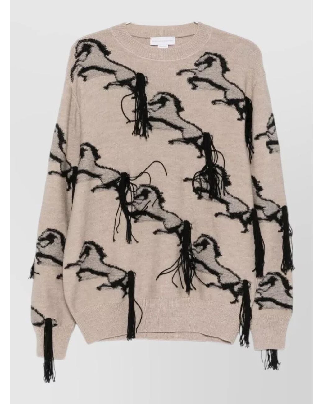Stella McCartney Natural Virgin Wool Embroidered Horse Fringed Crew Neck Long-Sleeve Jumper