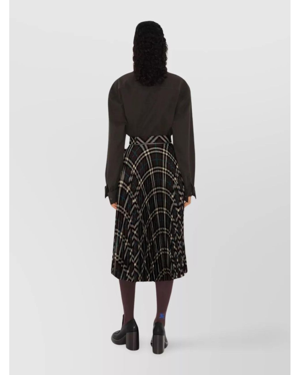 Burberry Black Pleated Check Midi Skirt With Slit