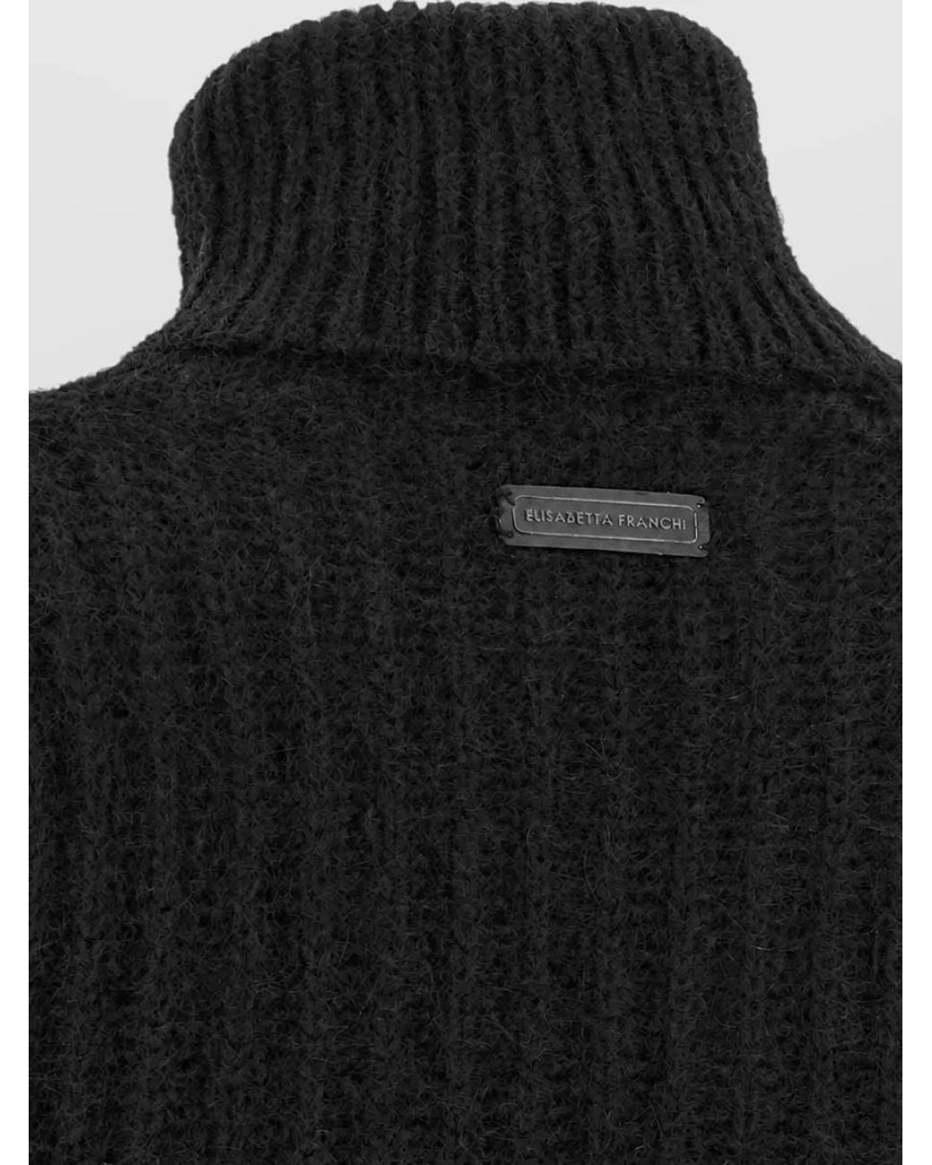 Elisabetta Franchi Black Mohair Ribbed Ruffled High Neck Cropped Sweater