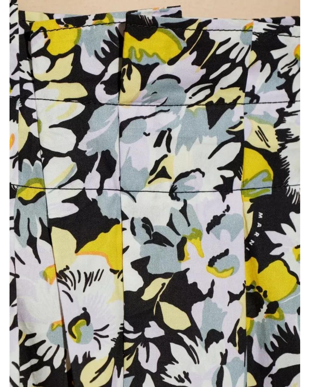 Marni Yellow Cotton Floral Print High-Rise Pleated Skirt