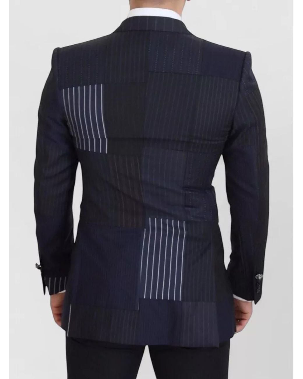 Dolce & Gabbana Blue Silk Patchwork Double-Breasted Blazer for men