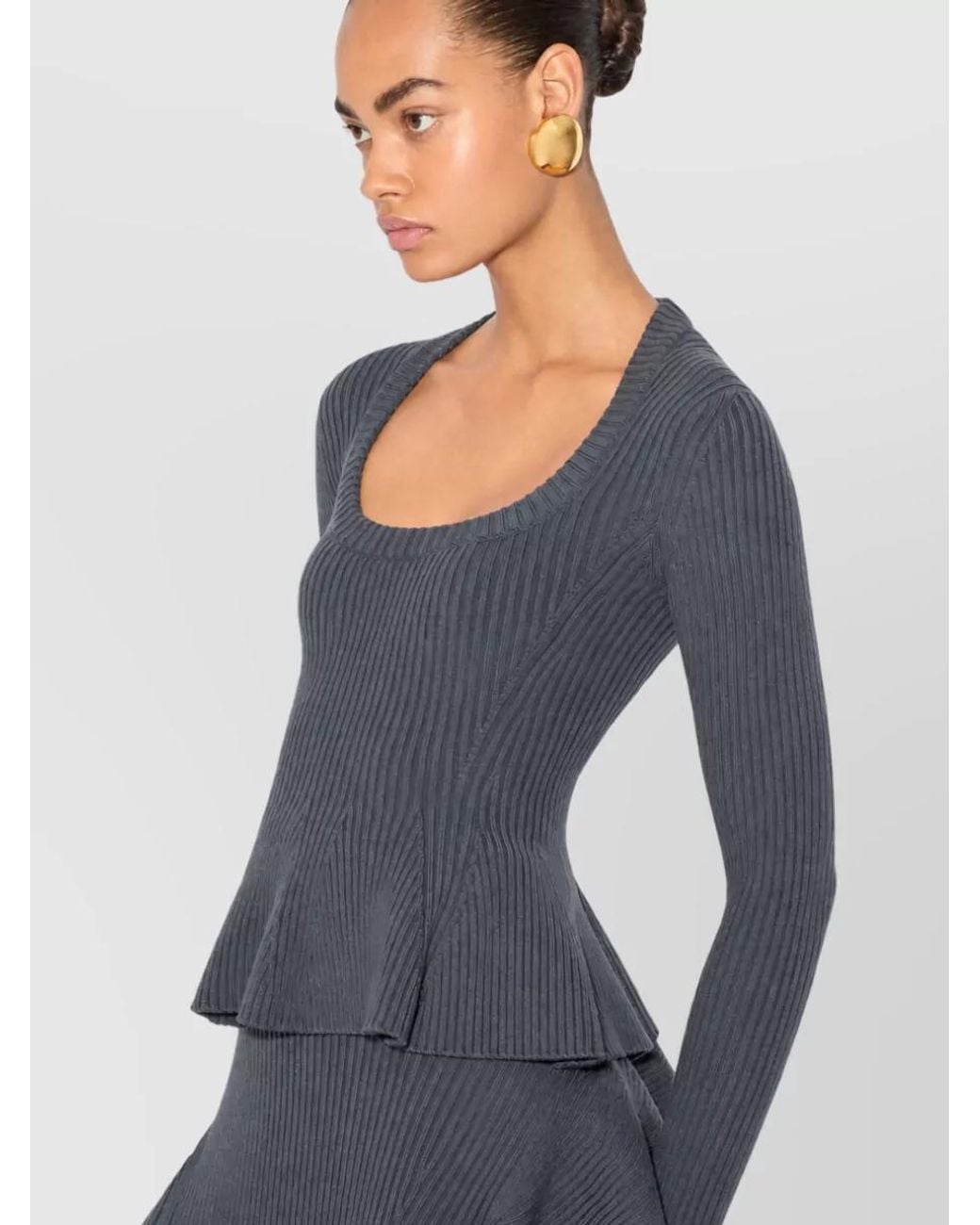 Alaïa Blue Ribbed Peplum Long-Sleeve Top