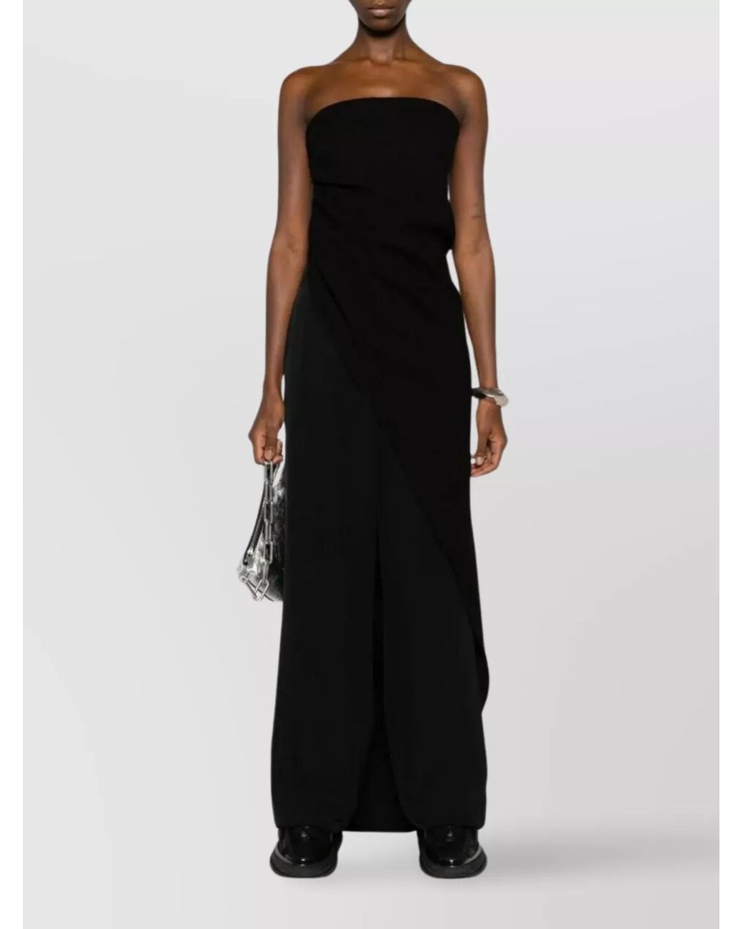 Rick Owens Black Virgin Wool Strapless Asymmetric Draped Long Dress