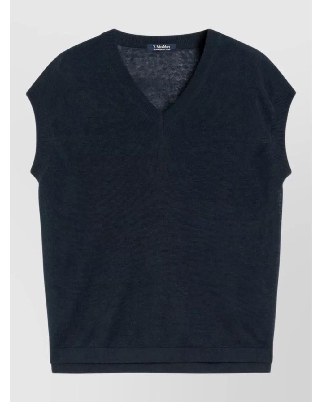Max Mara Blue Linen V-Neck Short-Sleeve Knitted Top
