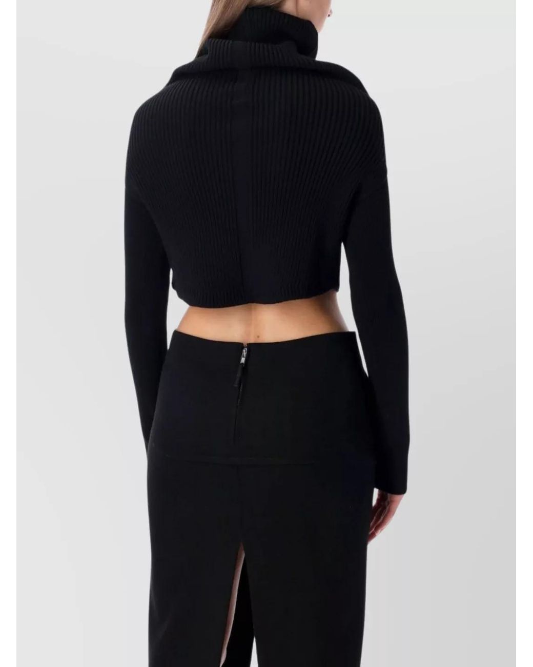 Rick Owens Blue Wool Ribbed Cropped Cowl Neck Long Sleeve Top