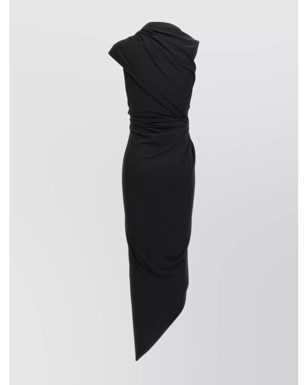 Balenciaga Black Draped Asymmetric Sleeveless V-Neck Midi Dress