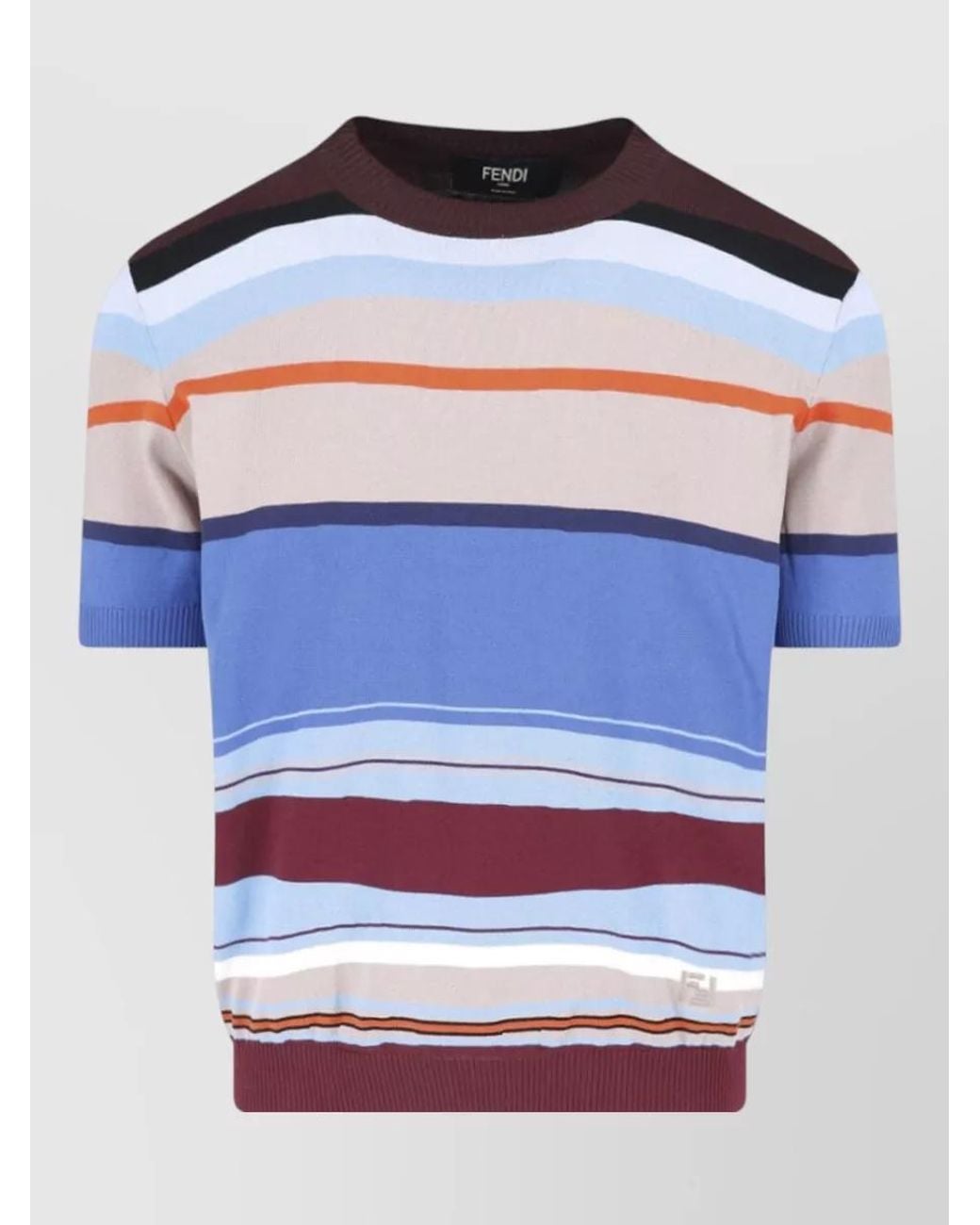 Fendi Blue Embroidered Cotton Crewneck T-Shirt for men
