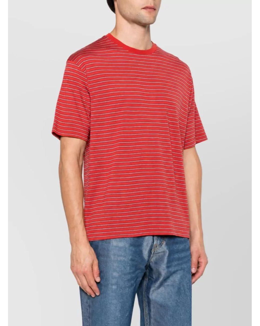 Auralee Red Wool Striped Crew Neck Short Sleeve T Shirt for men