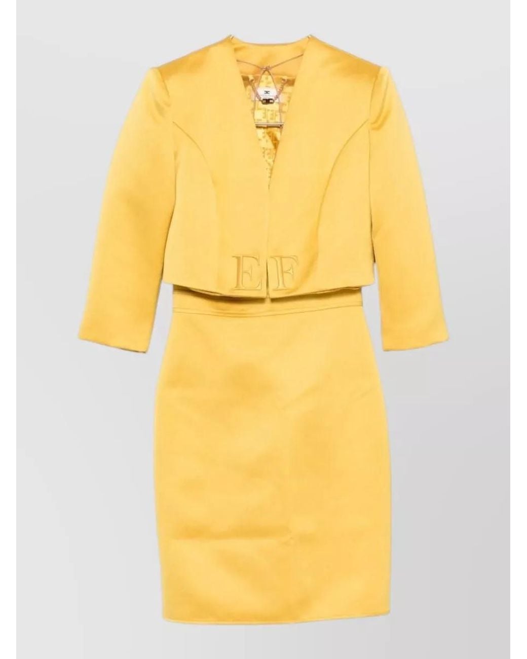 Elisabetta Franchi Yellow Embroidered V-Neck Midi Dress