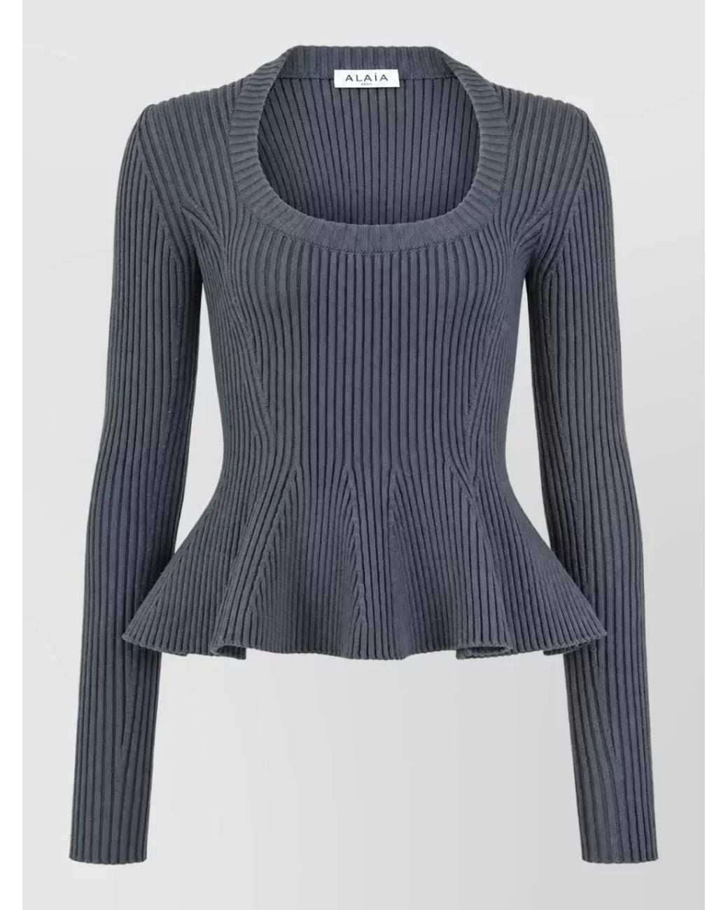 Alaïa Blue Ribbed Peplum Long-Sleeve Top