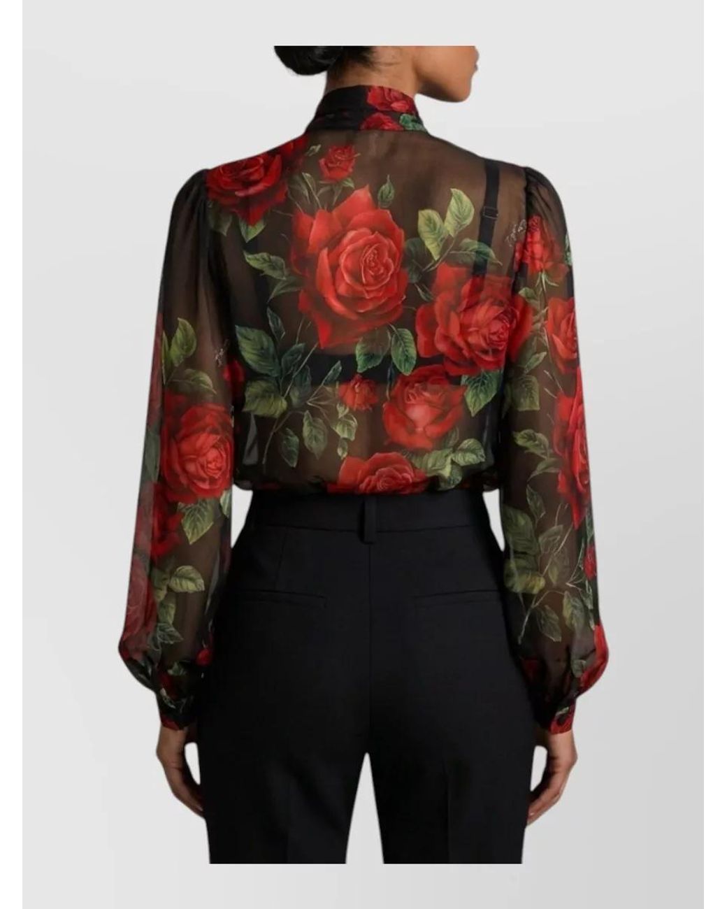 Dolce & Gabbana Black Silk Floral-Print Tie-Neck Blouse