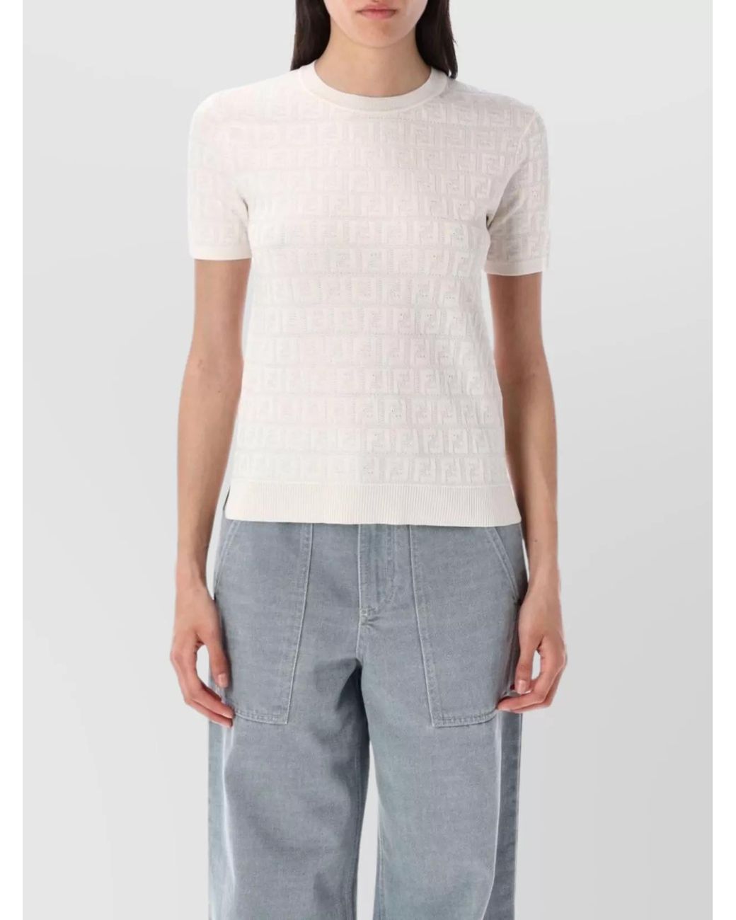 Fendi Blue Cotton Blend Ribbed Knit Short-Sleeve T-Shirt