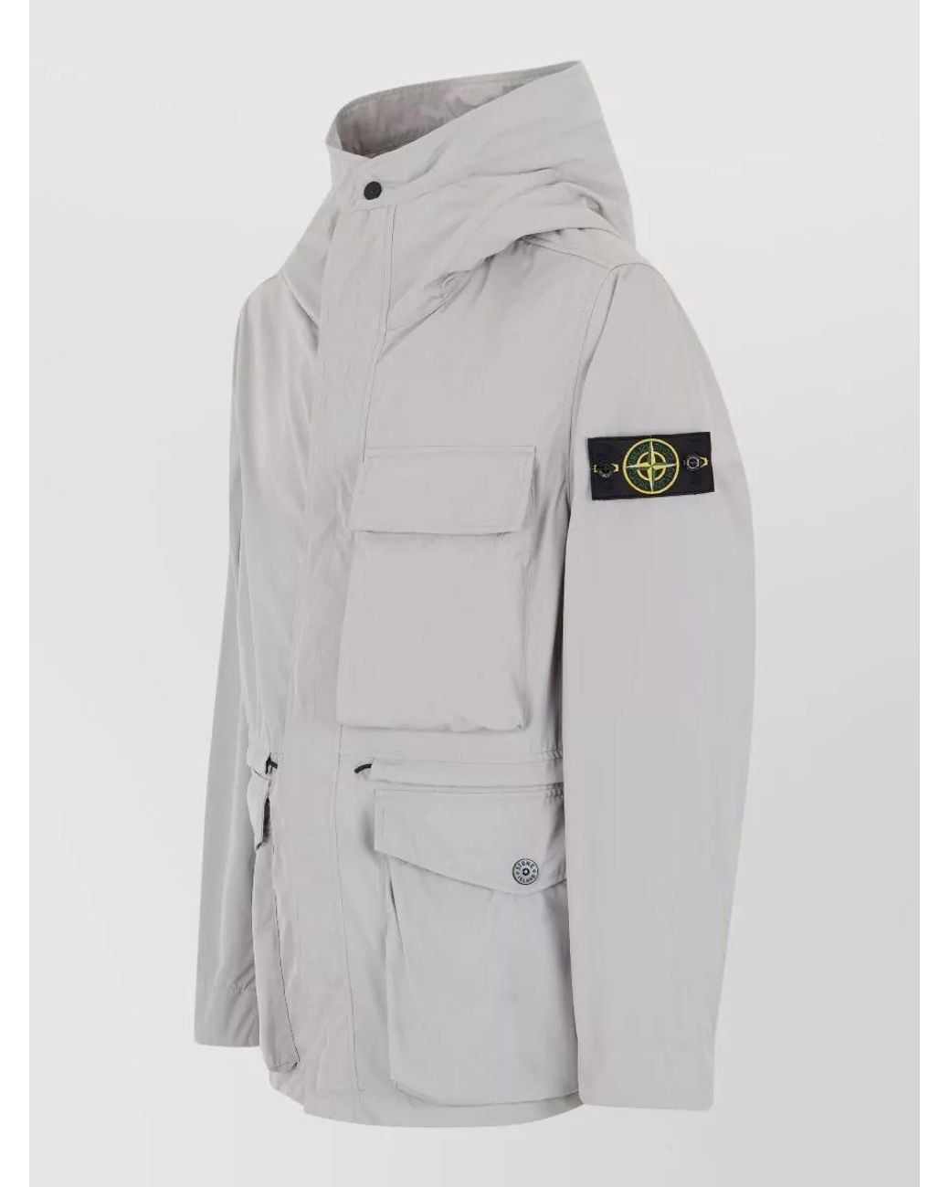 Stone Island Gray Technical Hooded Coat High Collar for men