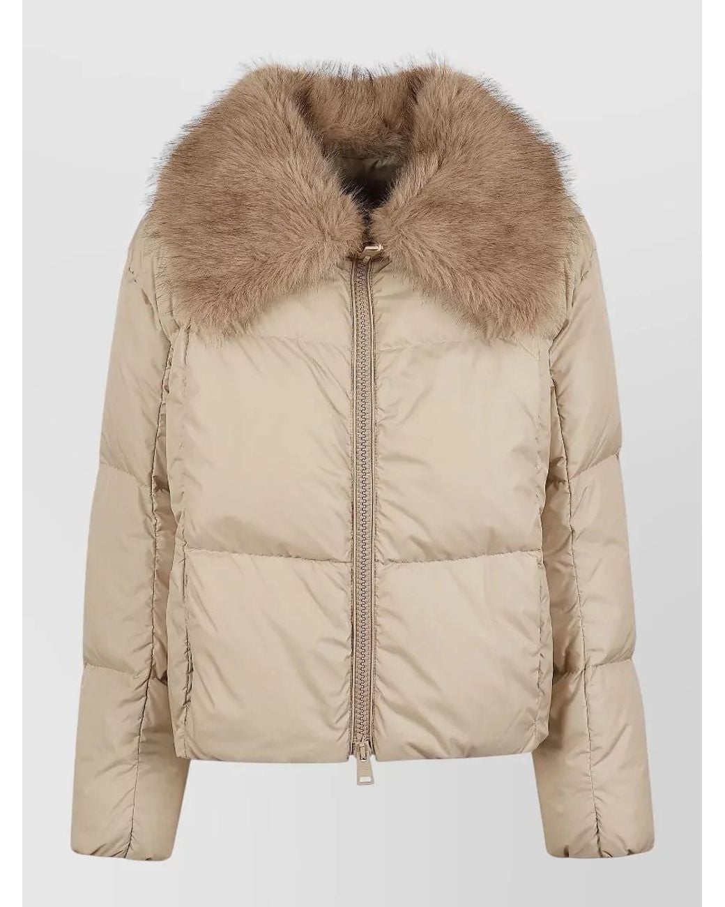 Herno Natural Short Down Jacket With Faux Fur Collar And Horizontal Quilting