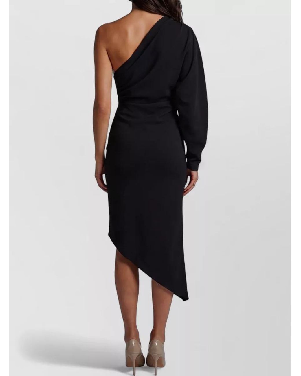 FEDERICA TOSI Black One-Shoulder Long-Sleeve Asymmetric Draped Midi Dress