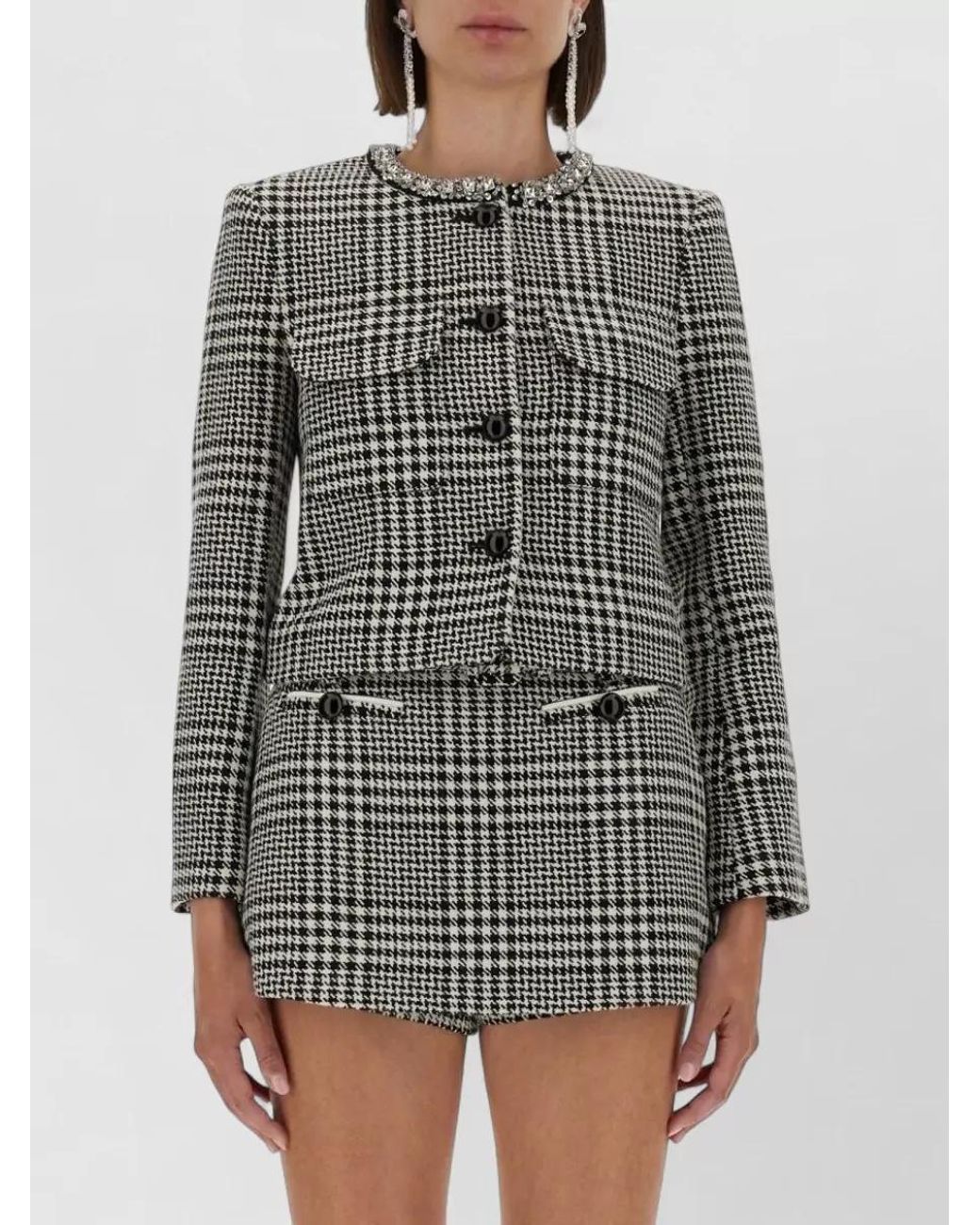 Self-Portrait Gray Crystal Embellished Houndstooth Wool Jacket