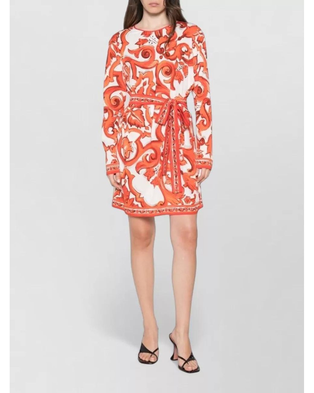 Dolce & Gabbana Red Silk Printed Long-Sleeve Mini Dress