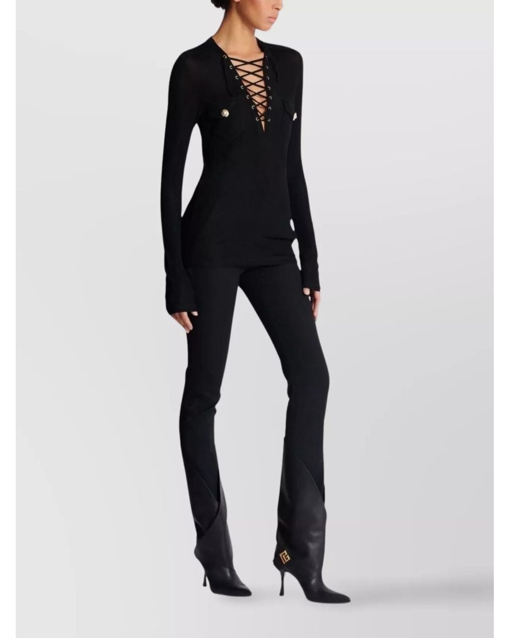 Balmain Black V-Neck Lace-Up Long-Sleeve Blouse