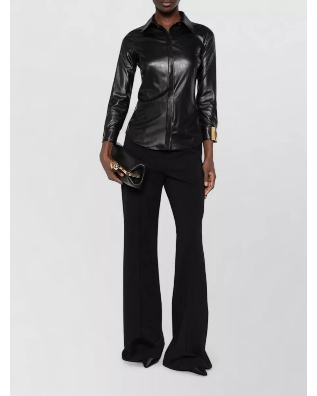 Elisabetta Franchi Black Faux Leather Long-Sleeve Shirt Jacket