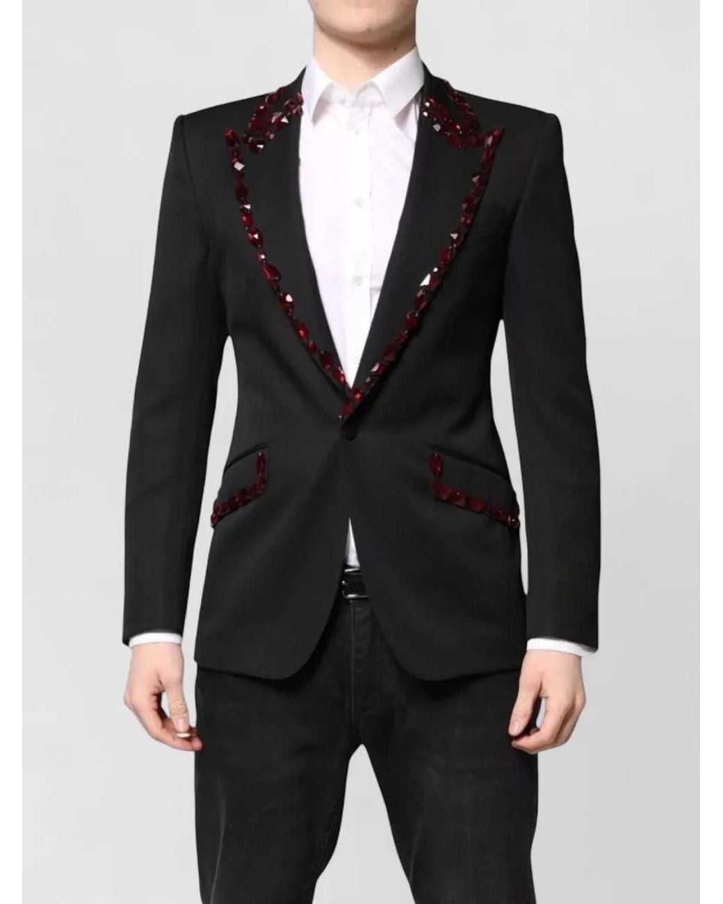 Dolce & Gabbana Blue Wool Silk Crystal-Embellished Blazer for men