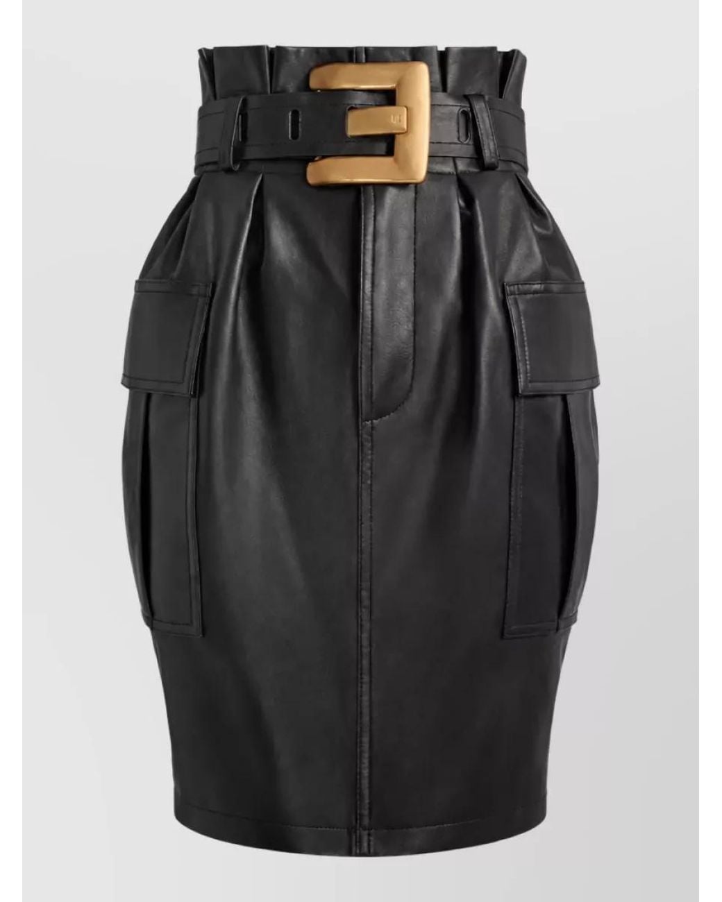 Balmain Black Leather High-Rise Belted Knee-Length Fitted Skirt