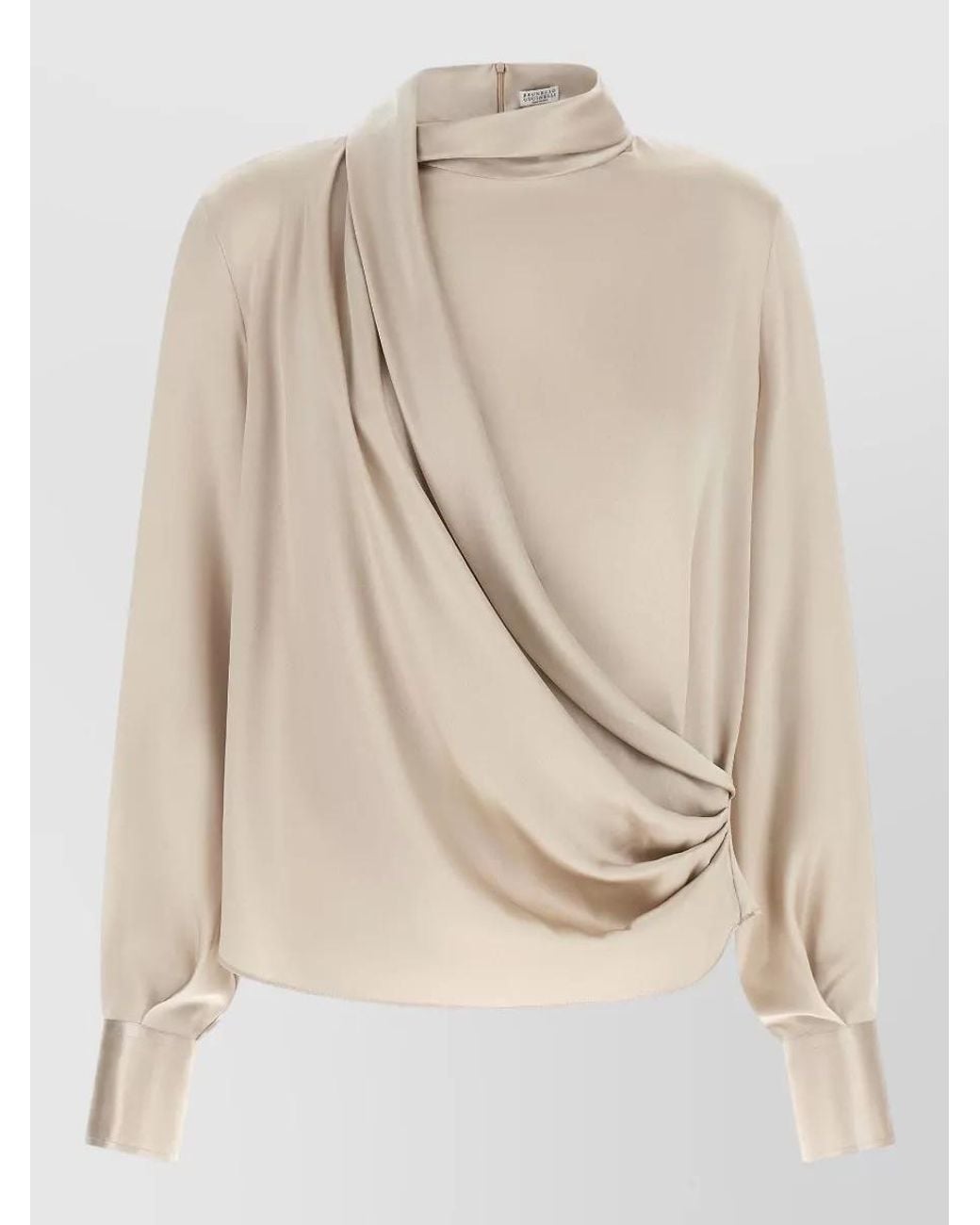Brunello Cucinelli Natural Silk Asymmetric Draped High Neck Blouse