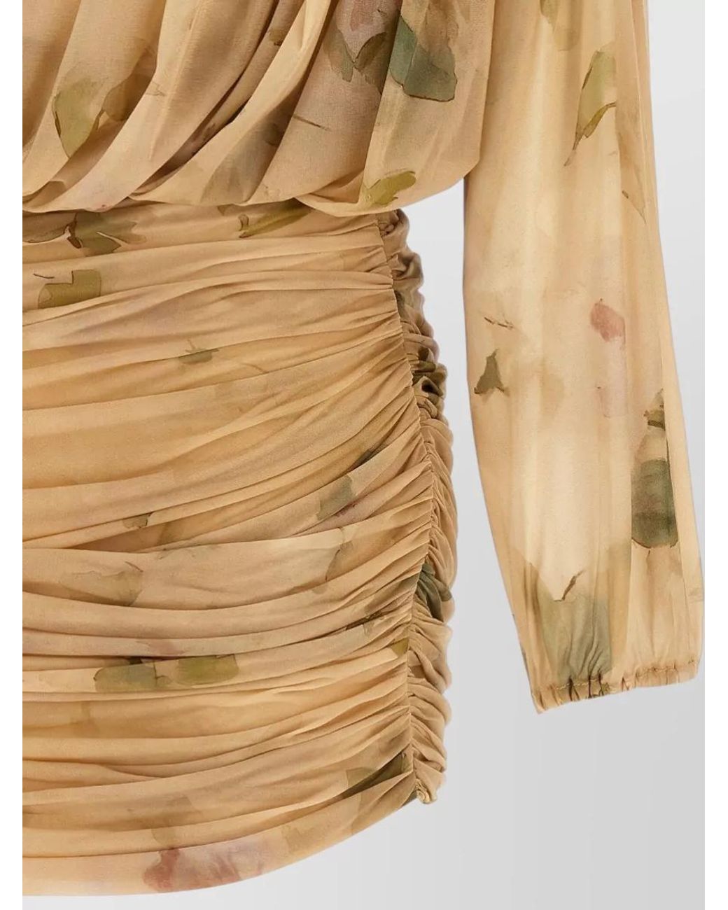 Magda Butrym Natural Floral-Print Draped Long-Sleeve High-Neck Mini Dress