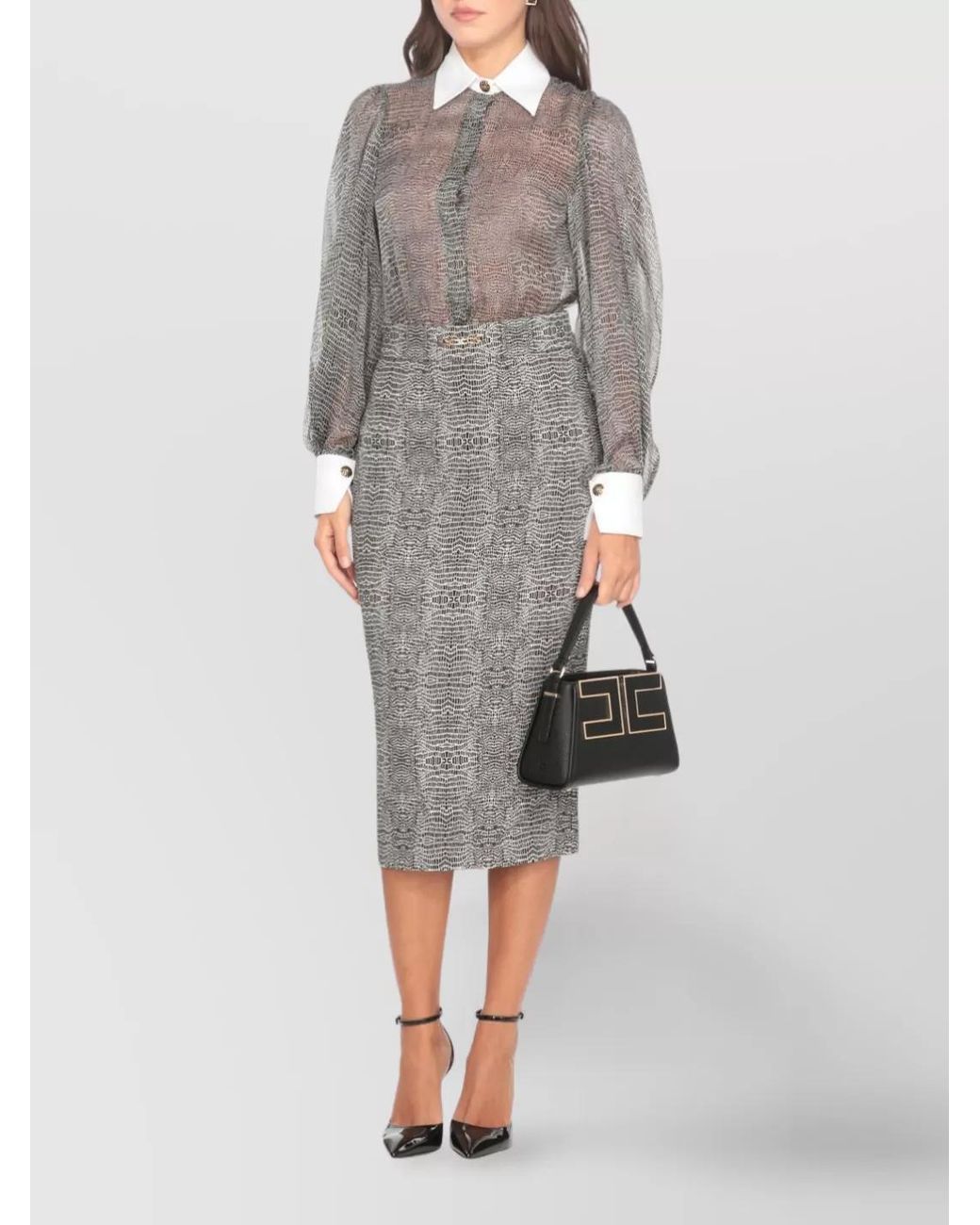 Elisabetta Franchi Gray Snake-Print Midi Pencil Skirt