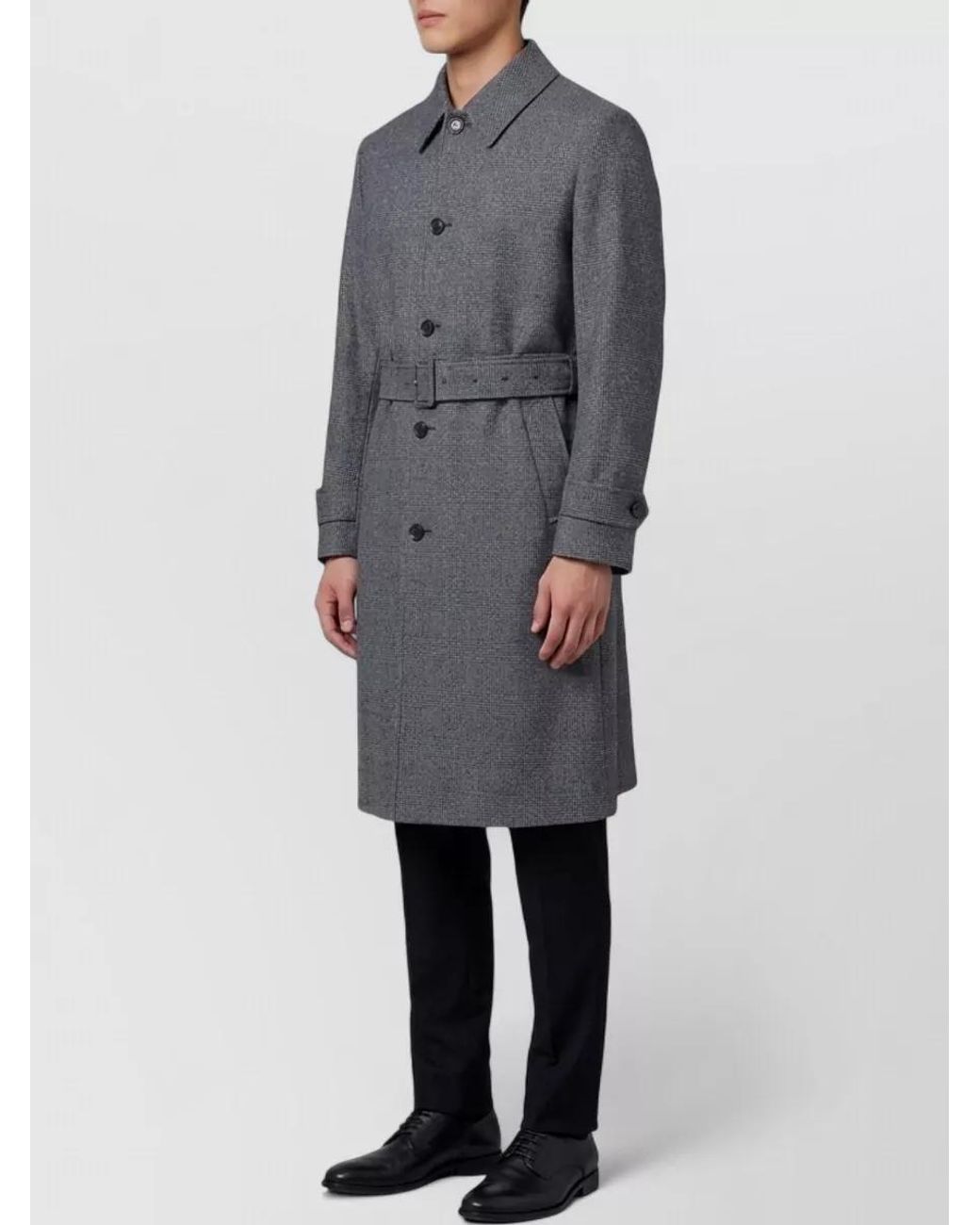 Lardini Gray Virgin Wool Checked Single-Breasted Belted Coat for men