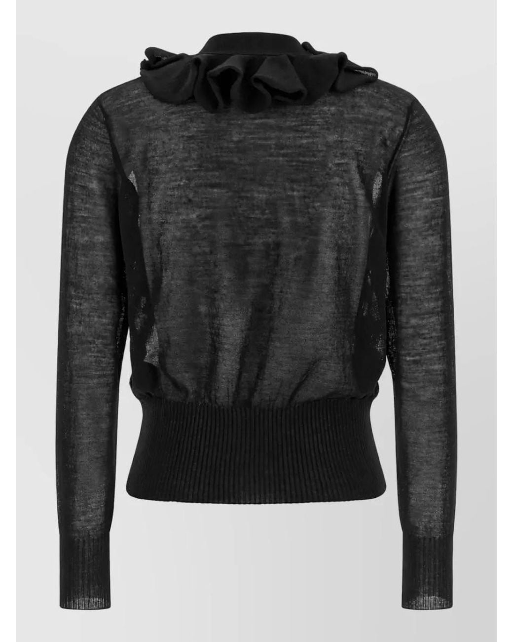 Nude Black Wool Fine-Knit Ruffle V-Neck Cardigan