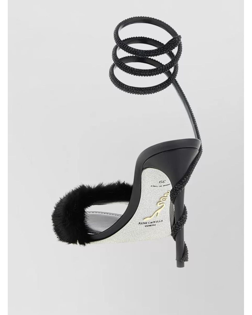 Rene Caovilla Black Leather Crystal Embellished Fur Strap Sandals
