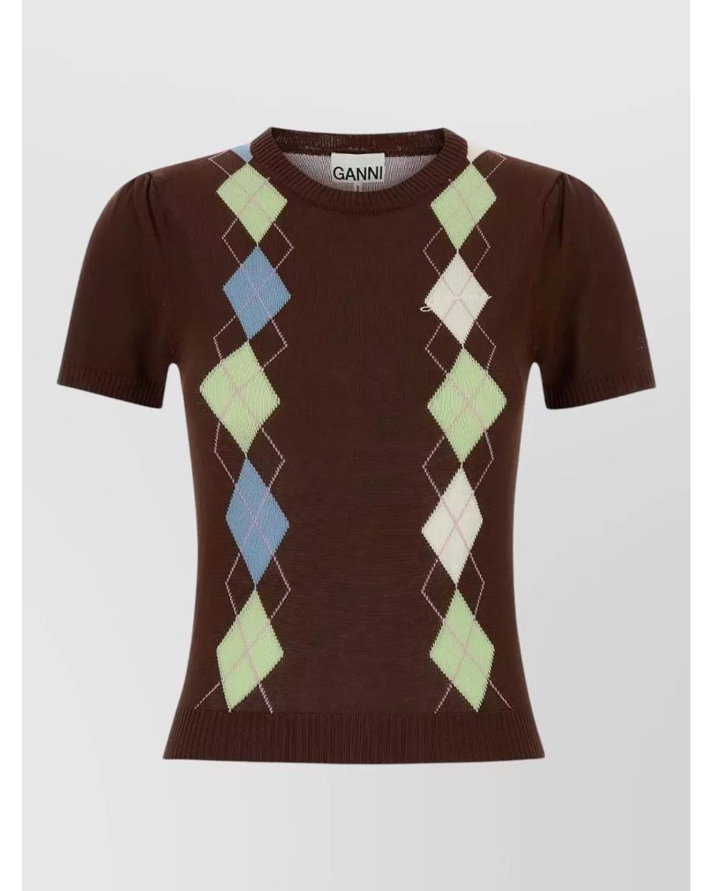Ganni Brown Organic Cotton Argyle Crewneck Short Sleeve Sweater