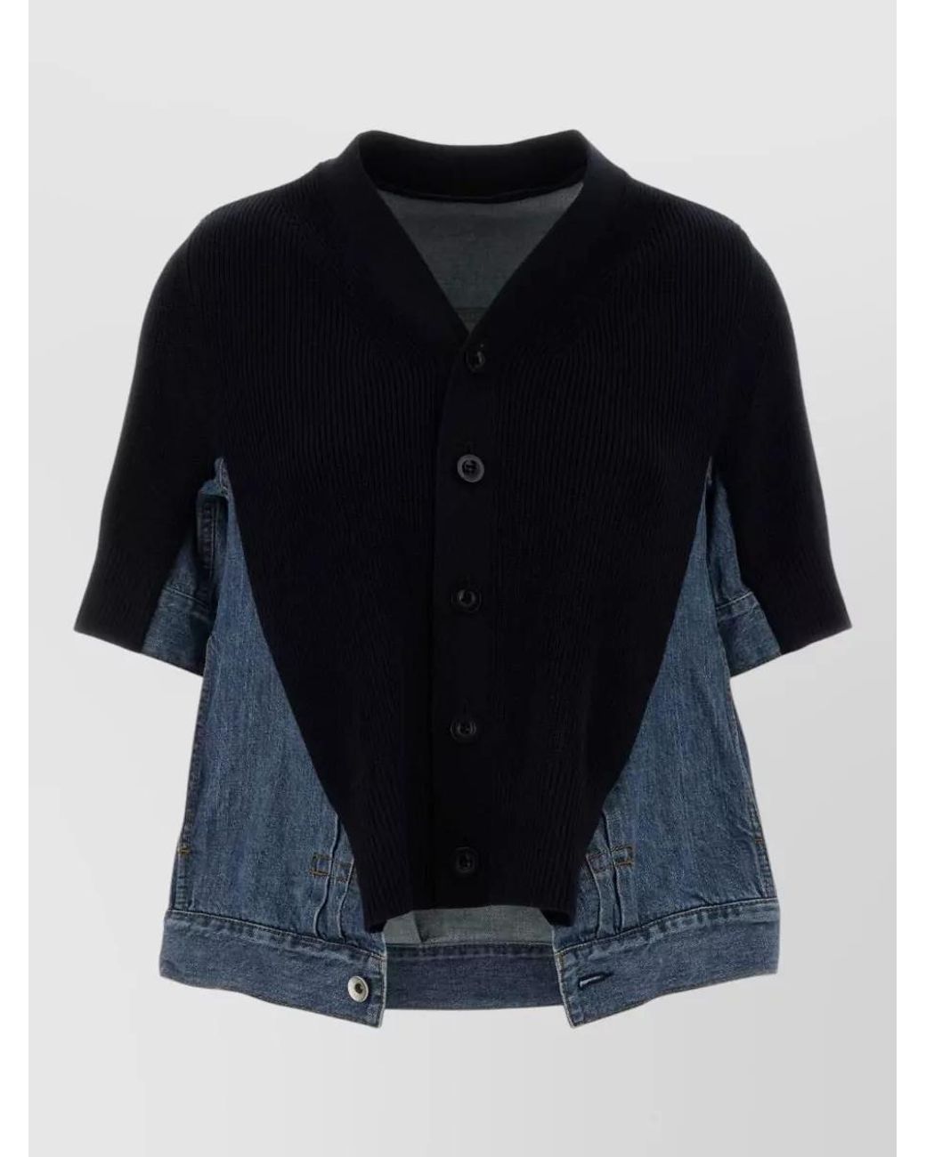 Sacai Blue Denim Knit Cropped V-Neck Short-Sleeve Cardigan