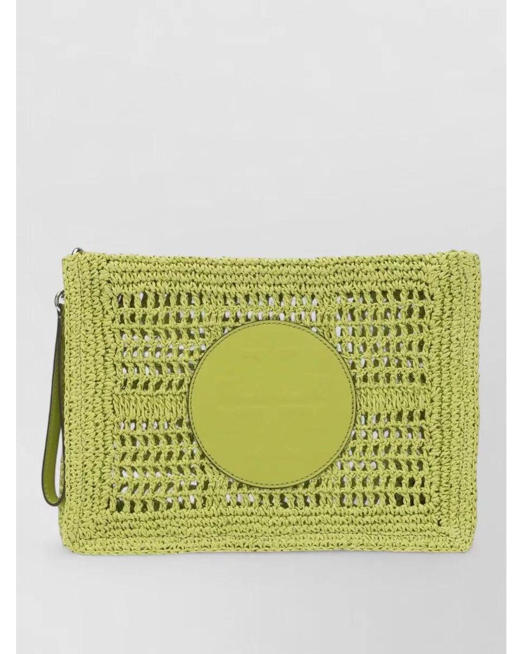 Tory Burch Green Clutch Bag Circular Patch Woven Texture Strap