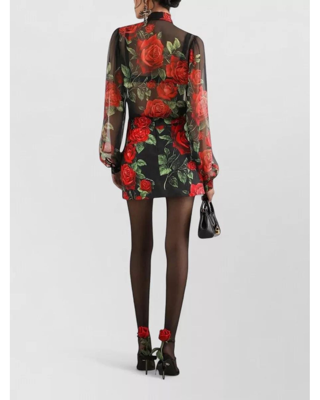 Dolce & Gabbana Black Silk Rose Print Long Sleeve Blouse
