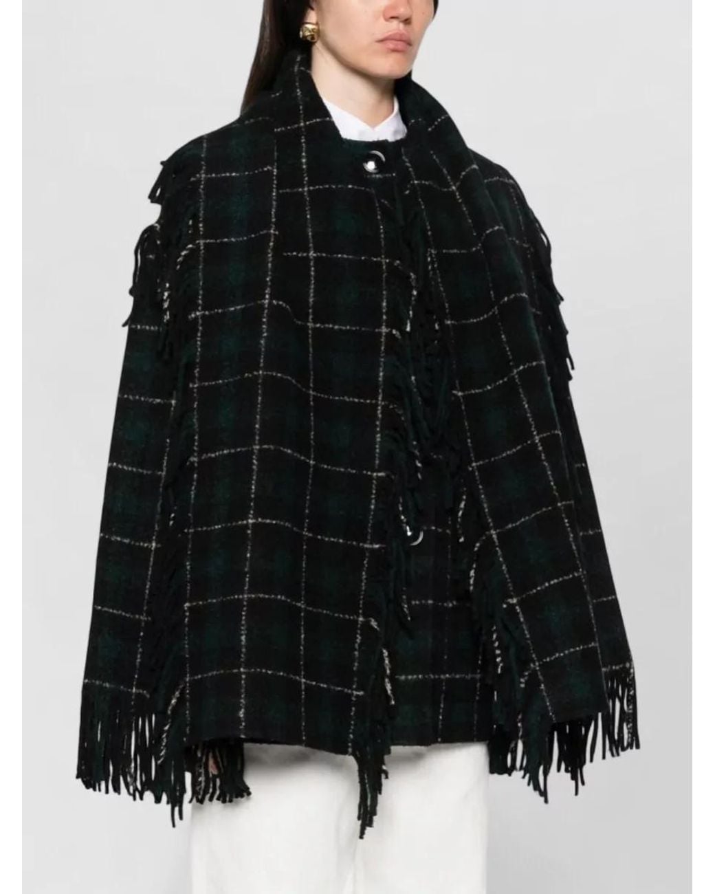 Totême  Black Wool Checked Fringed Cape Jacket